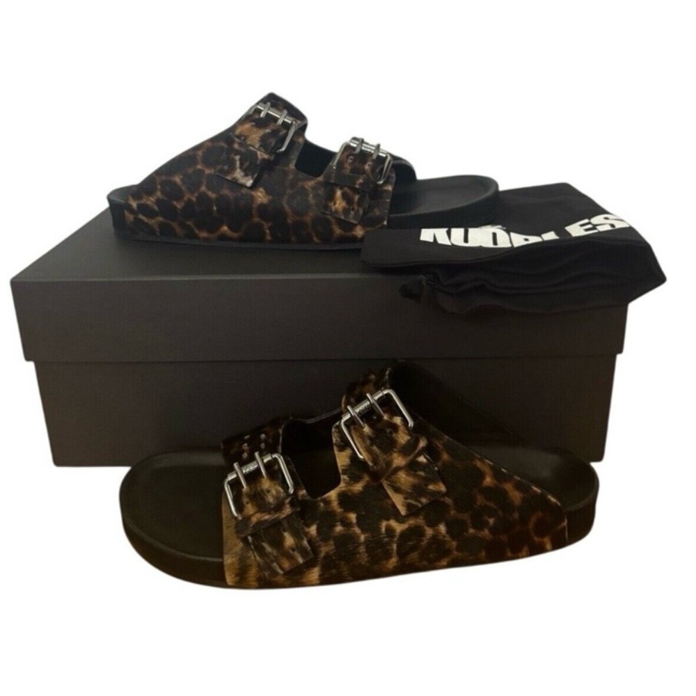 The Kooples Leopard Print Slide Sandals - Black & Brown
